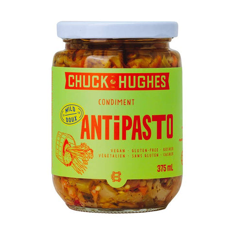 Jar of Chuck Hughes Antipasto condiment on a white background