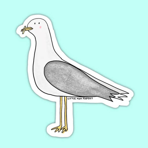 Seagull sticker with 'Little May Papery' branding on a light blue background