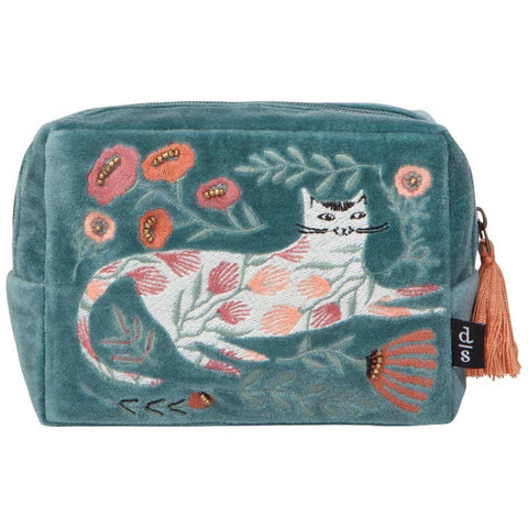 Embroidered pouch with a cat and floral design on a teal background