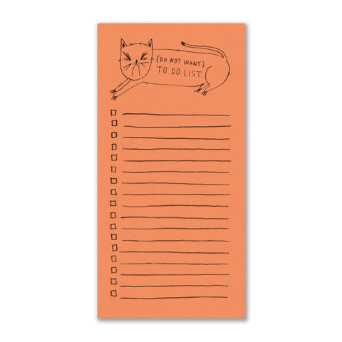 Notepad with a cat illustration and 'Do Not Want' to-do list on an orange background