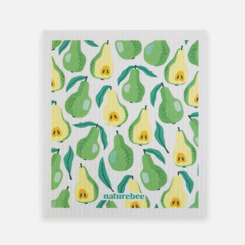 Dishcloth with pear pattern and 'naturebee' branding on a white background