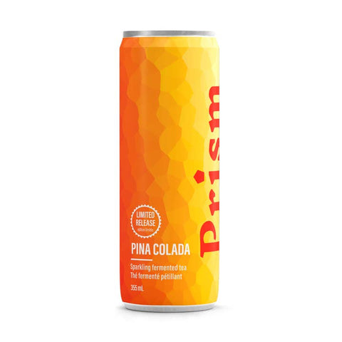 A 330 mL aluminum can of Prism Pina Colada sparkling fermented tea, featuring a vibrant orange and yellow geometric pattern with red and white text, set against a plain white background.