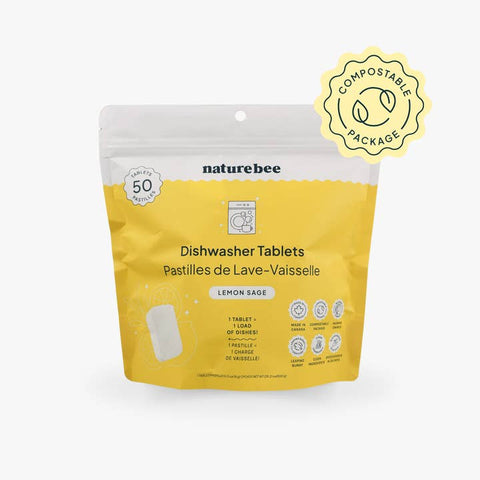 Yellow package of naturebee dishwasher tablets with a compostable package label on a white background