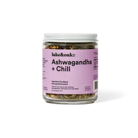 Ashwagandha + Chill Tea by Lake & Oak Tea in glass jar