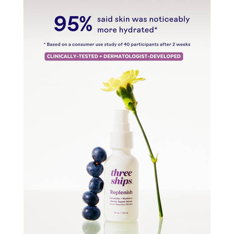 Three Ships Replenish Barrier Repair Serum with Ceramides and Blueberry – 30ml bottle and box, EWG Verified
