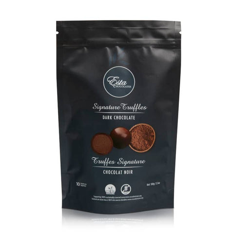 Dark chocolate truffles packaging with 'Esta Chocolates' branding on a white background