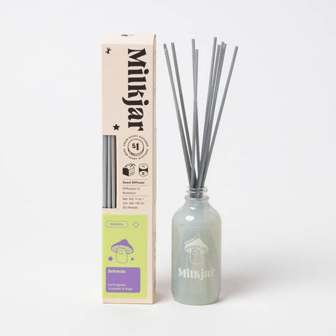 Milkjar diffuser bottle with reeds and packaging on a white background