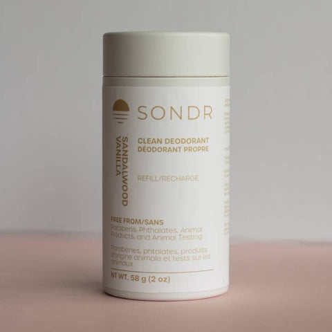 SONDR deodorant refill canister on a neutral background