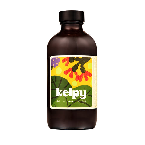 Brown bottle with a colorful label featuring the brand 'kelpy' on a white background