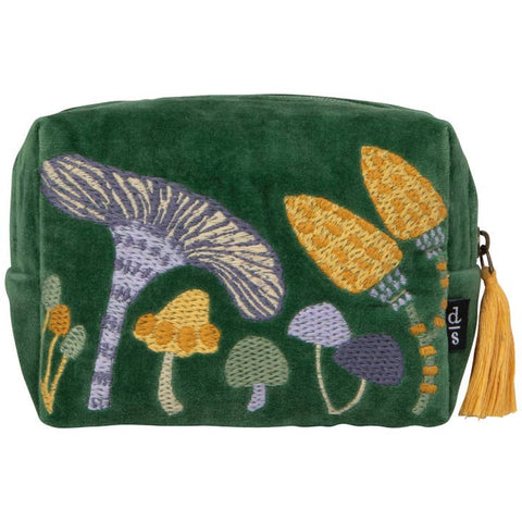 Green pouch with embroidered mushrooms and flowers on a white background