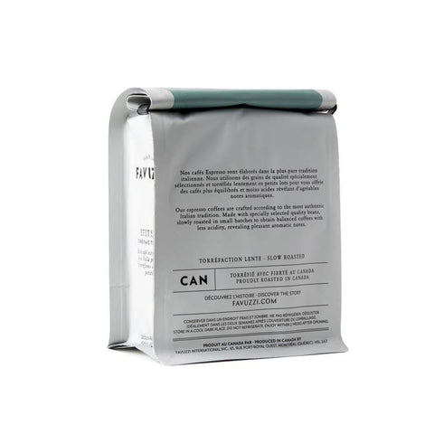 A silver metal bag of Favuzzi slow roasted coffee, shown on a clean white background.