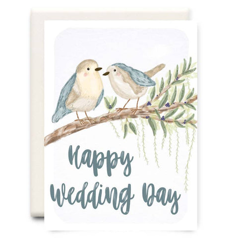 Card with two birds on a branch and 'Happy Wedding Day' text.