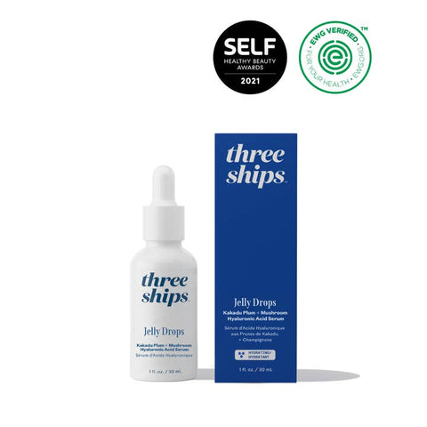 Three Ships Jelly Drops bottle and packaging on a white background with awards displayed.