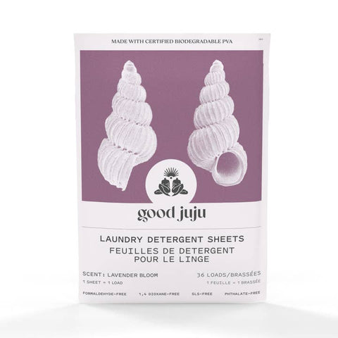 good juju laundry detergent sheets packaging with shell design on a white background