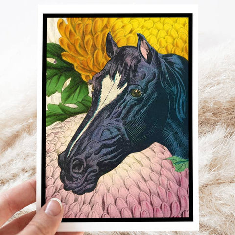 Artistic depiction of a horse's head with floral elements on a textured surface