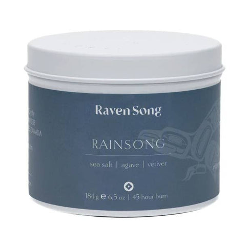 Jar of 'Raven Song Rainsong' with branding and product details on a white background