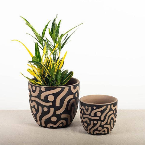 Terracotta Black Pot with Aztec Inspired Design