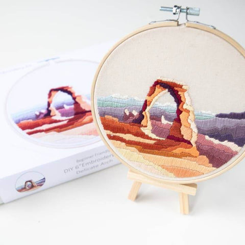 Embroidery hoop with a landscape design on a white background