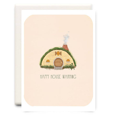 Illustration of a quaint house with a 'Happy House Warning' text on a beige background