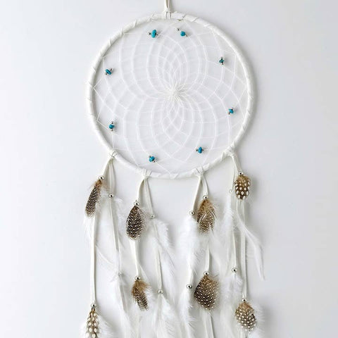 White dreamcatcher with feathers and beads on a white background