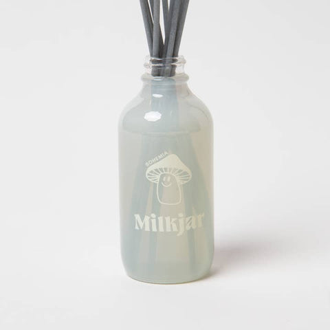 Light blue ceramic diffuser bottle with 'Milkjar' branding on a white background