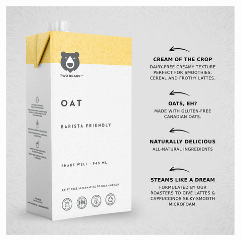 A carton of Two Bears Oat Barista Friendly milk shown on a light gray textured background with marketing text to the right. The carton is white with a yellow top band and a bear logo.