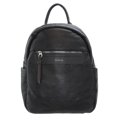 Black leather backpack with 'Darling' brand on a white background