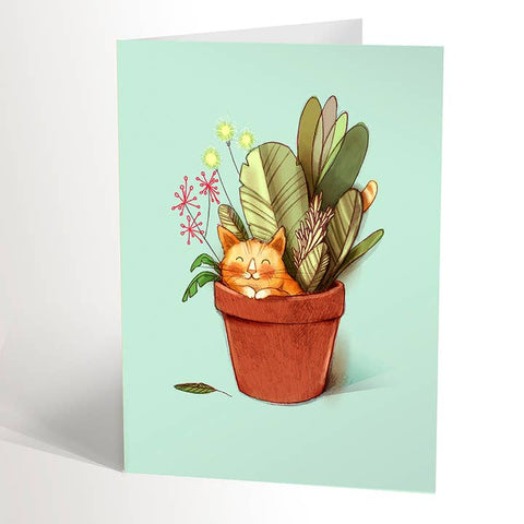 Greeting card with a cat in a pot of plants on a light green background