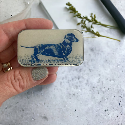 Hand holding a small tin with a blue dachshund illustration on a speckled surface.