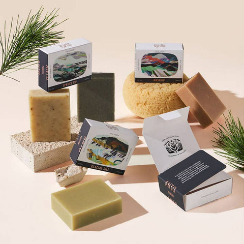 Collection of natural soaps and packaging on a neutral background with plants.