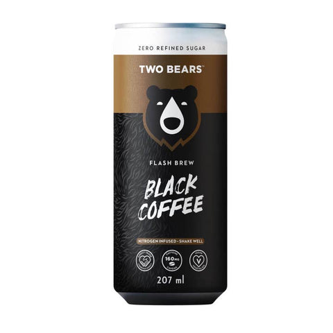 A 207 ml can of Two Bears Flash Brew Black Coffee on a plain white background. The can features a black and brown design with a bear logo and white text.