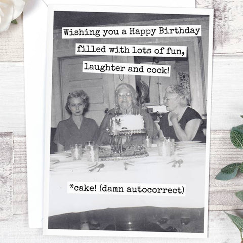 Black and white photo of three women at a birthday party with text overlay