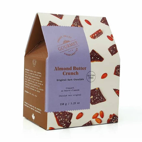 Box of Gourmet Almond Butter Crunch with visible branding and product details.