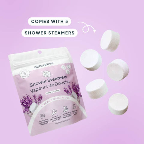 Packaging of naturebee shower steamers with lavender design on a pink background