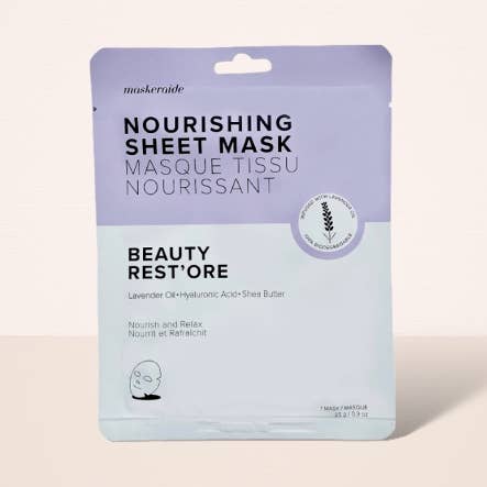 Nourishing sheet mask packaging with lavender color scheme on a light pink background