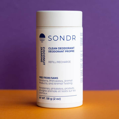 SONDR deodorant refill canister on a purple and orange background