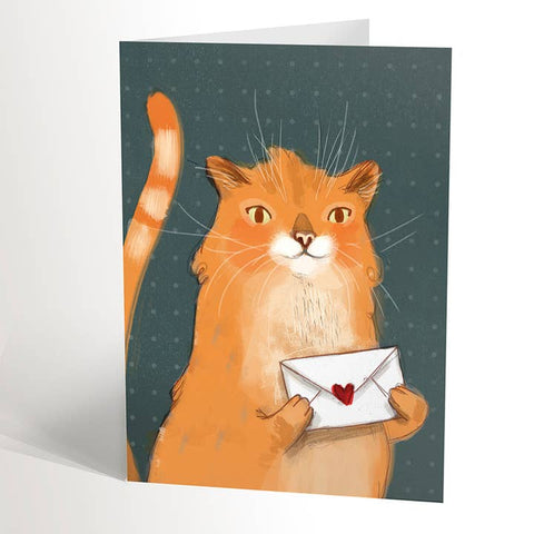 Card with an illustration of a cat holding an envelope with a heart on a dark blue background
