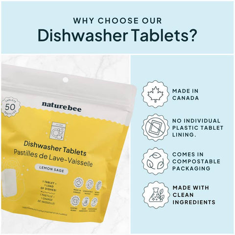 Naturebee dishwasher tablets packaging with sustainability features listed on a light blue background