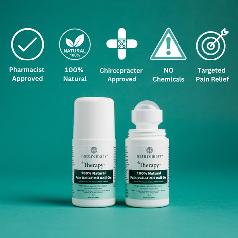 Two bottles of naturemry Therapy Pain Relief Oil Roll-On on a teal background with approval icons.