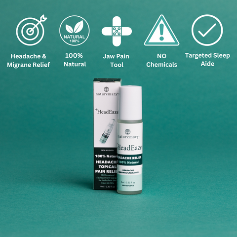 Two bottles of HeadEaze pain relief products on a teal background with feature icons and text.