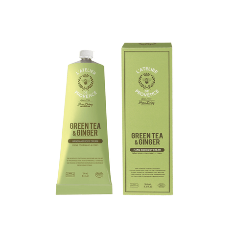 Green tea and ginger hand and body cream with packaging on a white background