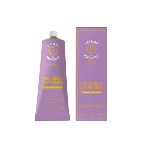 Purple tube and box of L'Atelier de Provence Lavender & Chamomile hand and body cream on a white background