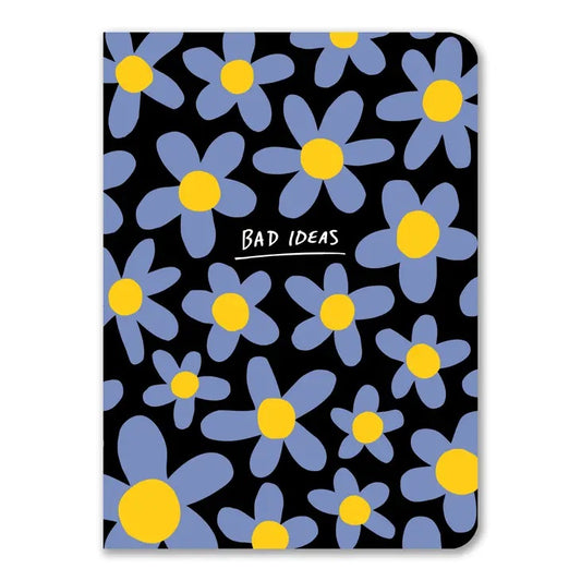 black notebook with blue daisies that says bad ideas on front