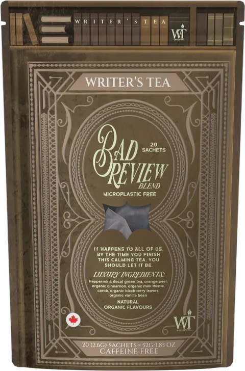 Writer's Tea Bad Review blend packaging with text and branding.