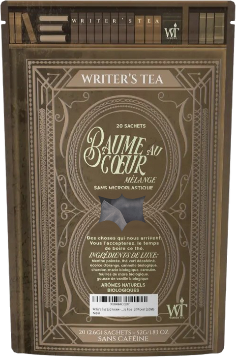 Writer's Tea package with decorative design and text