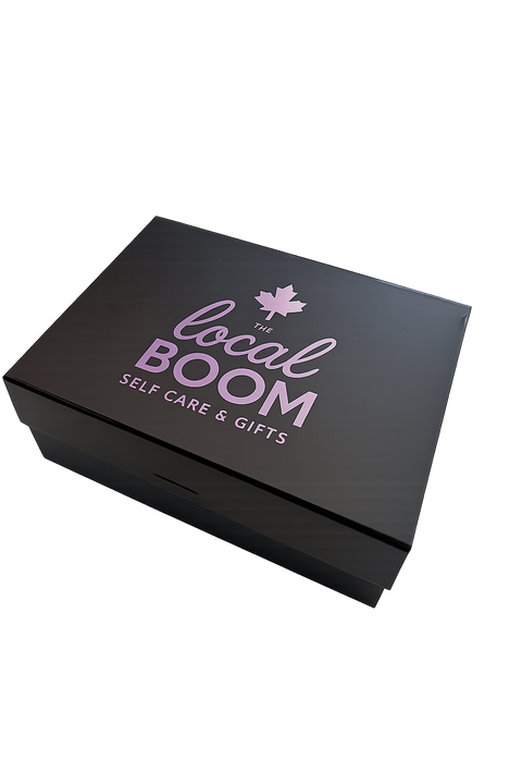 Black box with 'The Local Boom Self Care & Gifts' text on a white background