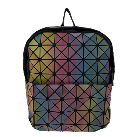 Backpack with geometric multicolor pattern on a white background