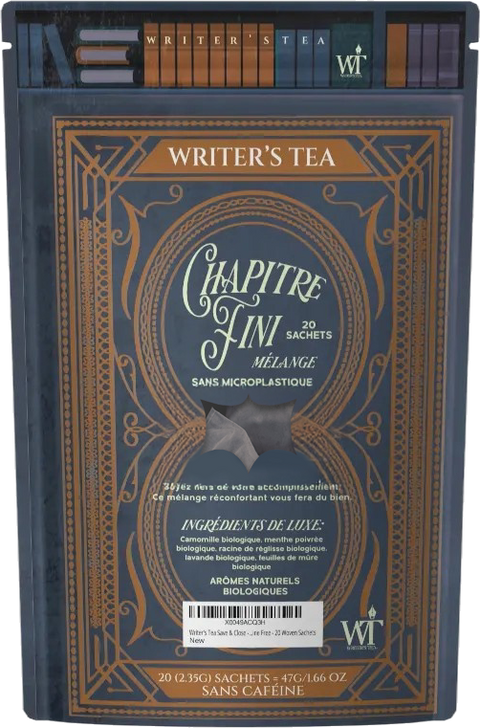 Writer's Tea package with decorative design and text