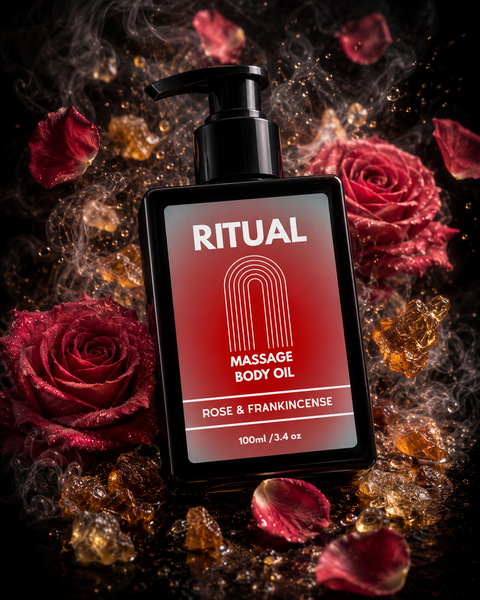 Massage body oil bottle labeled 'Ritual' surrounded by red roses and amber gummy bears on a dark background