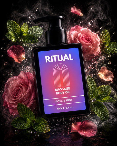 Massage body oil bottle labeled 'Ritual' with roses and mint leaves on a dark background